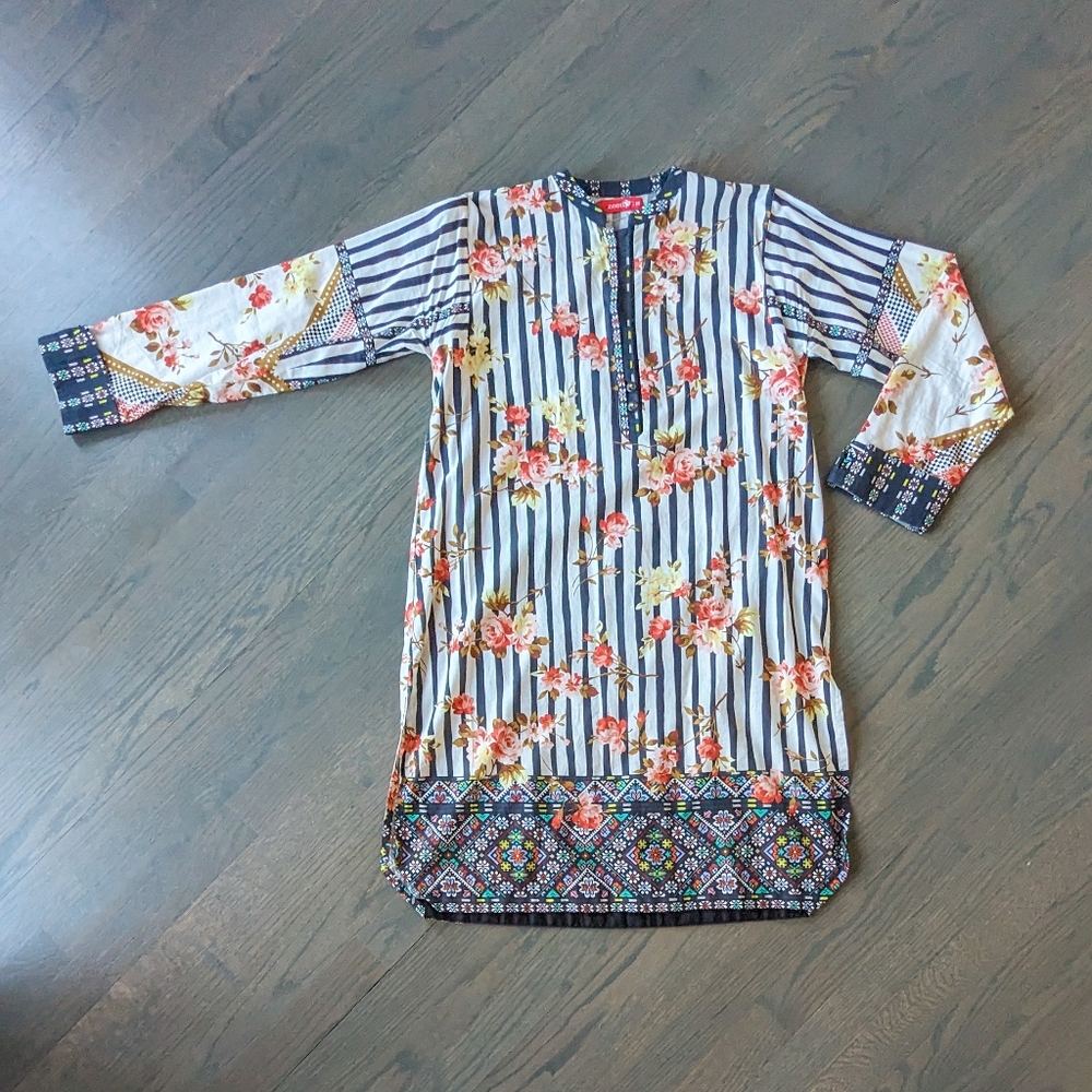 Zeen Women's Pakistani Indian Kurti, Stripes & Floral - Size 12